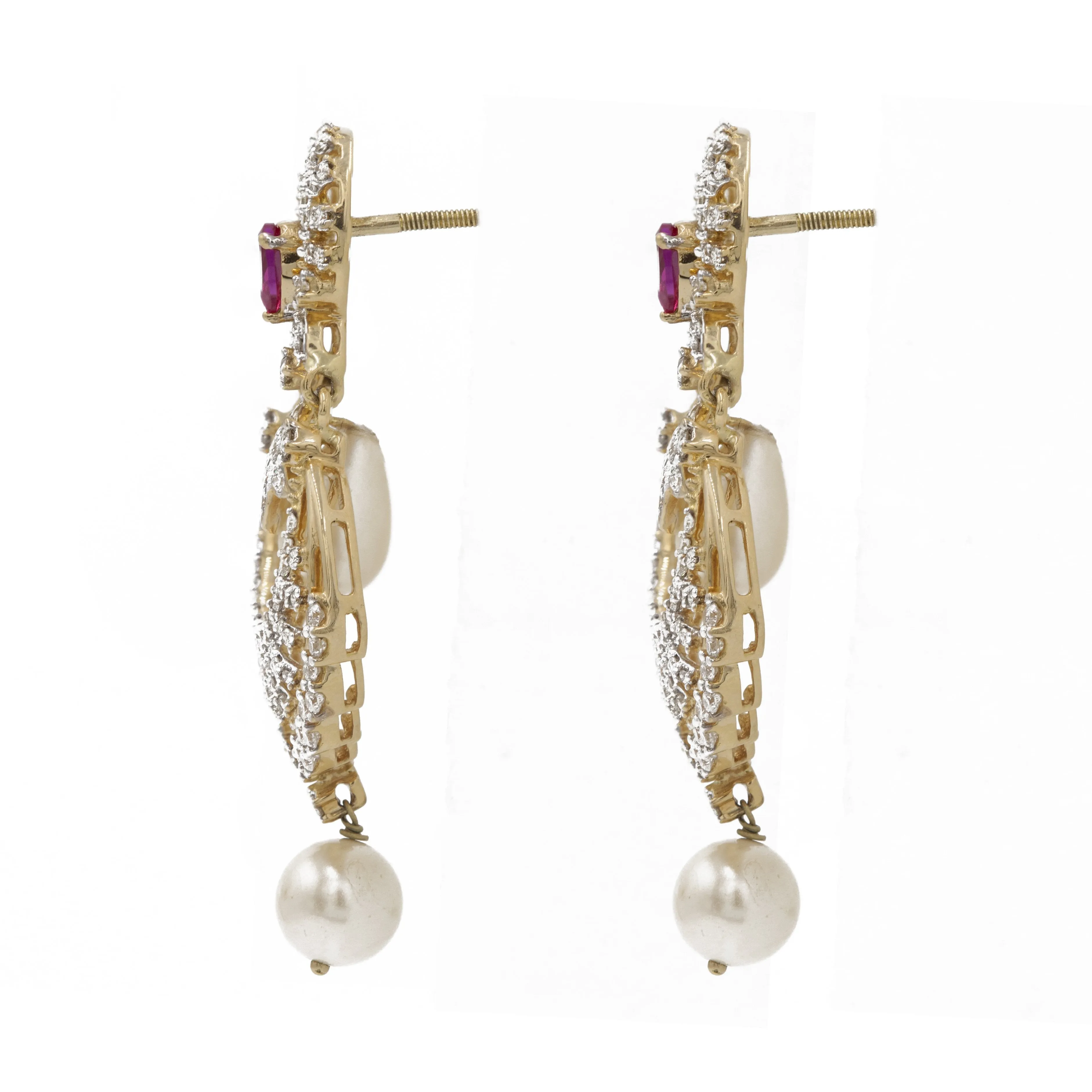 1.75 ct Diamond drop earrings in 18k Yellow Gold with Ruby stones and Pearls