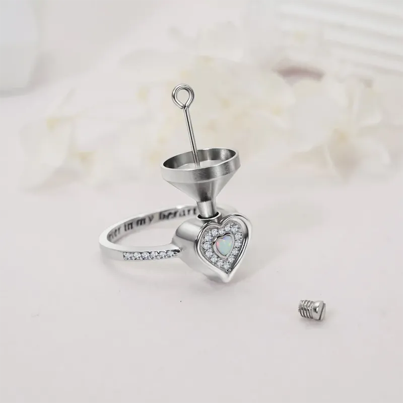 925 Sterling Silver Lab Opal Heart Urn Ring for Ashes Angel Wings Cremation Jewelry Keepsake Rings for Women Gifts
