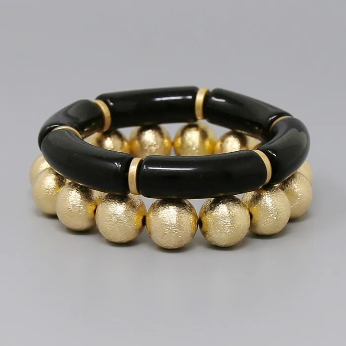 Acetate Tube & Textured Metal Bead Stretch Bracelet Set