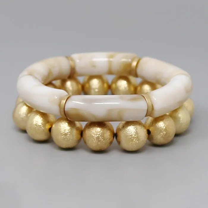 Acetate Tube & Textured Metal Bead Stretch Bracelet Set