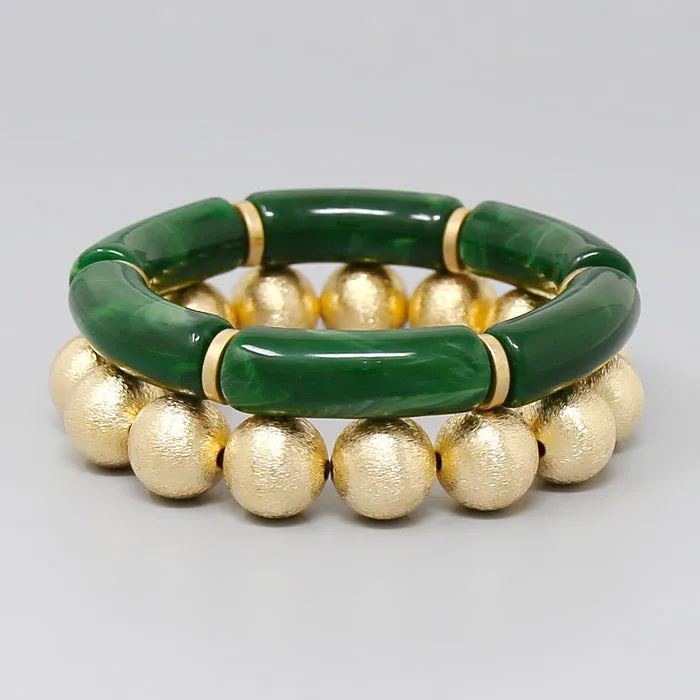 Acetate Tube & Textured Metal Bead Stretch Bracelet Set
