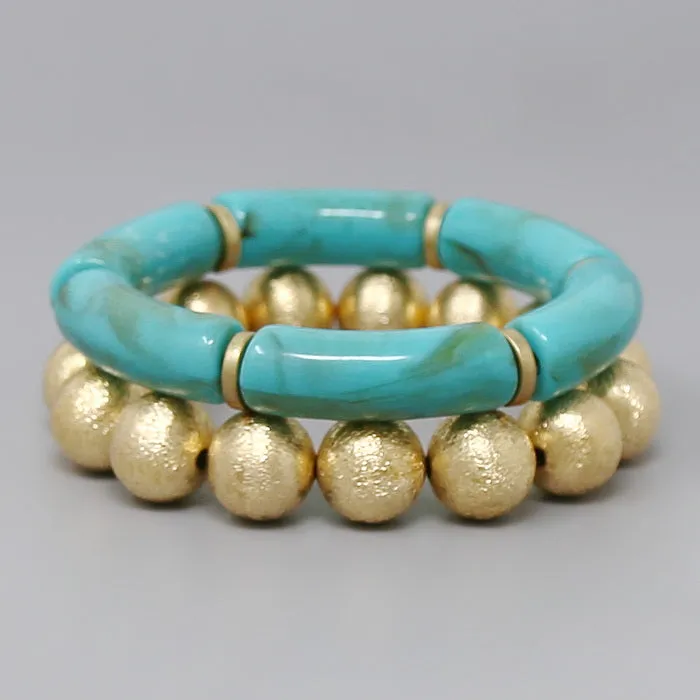 Acetate Tube & Textured Metal Bead Stretch Bracelet Set