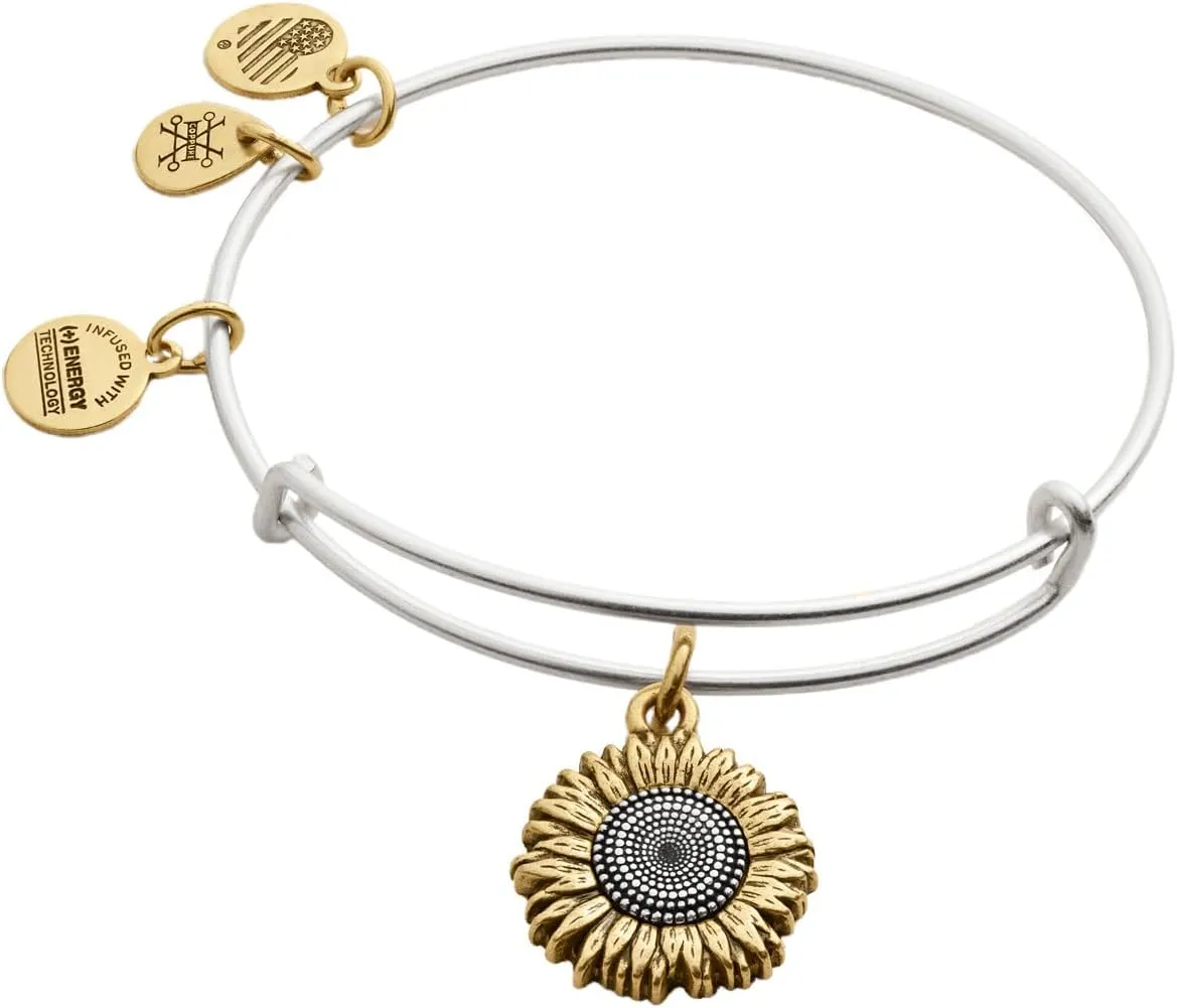 Alex and Ani Tokens Expandable Bangle for Women, Sunflower Charm, Two-Tone Finish, 2 to 3.5 in