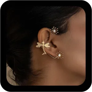 Andelaisi Boho Dragonfly Ear Cuff Earrings Dragonfly Ear Cuff Wrap Crawler Earrings Mteal Wrap No Piercing Stud Non Piercing Clip Fake Studs for Women