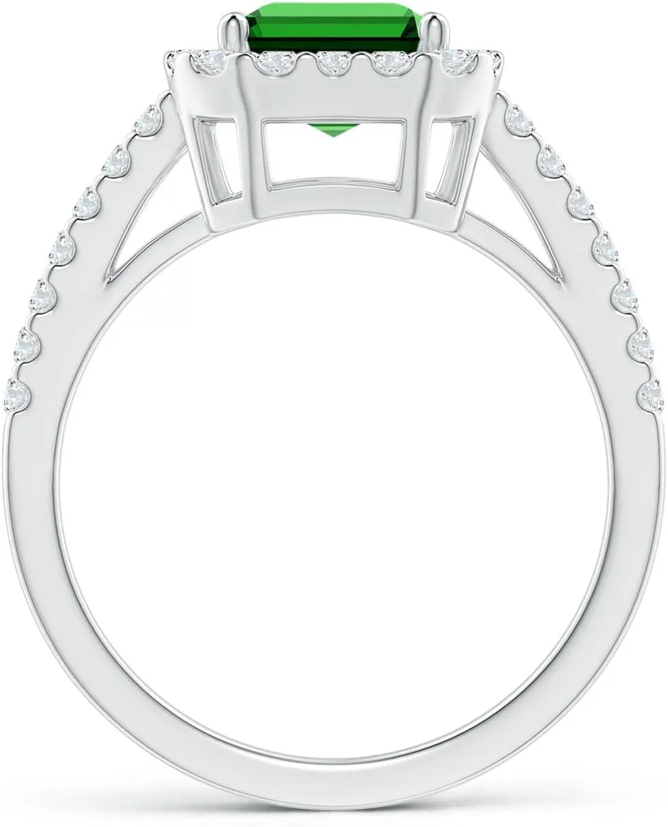 Angara Lab Grown Emerald-Cut Emerald Halo Ring in Silver / 14K Solid Gold/Platinum | May Birthstone, Birthday, Engagement, Anniversary, Wedding Jewelry Gift for Women