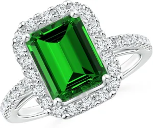 Angara Lab Grown Emerald-Cut Emerald Halo Ring in Silver / 14K Solid Gold/Platinum | May Birthstone, Birthday, Engagement, Anniversary, Wedding Jewelry Gift for Women
