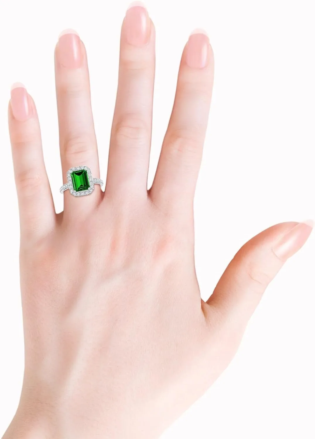 Angara Lab Grown Emerald-Cut Emerald Halo Ring in Silver / 14K Solid Gold/Platinum | May Birthstone, Birthday, Engagement, Anniversary, Wedding Jewelry Gift for Women