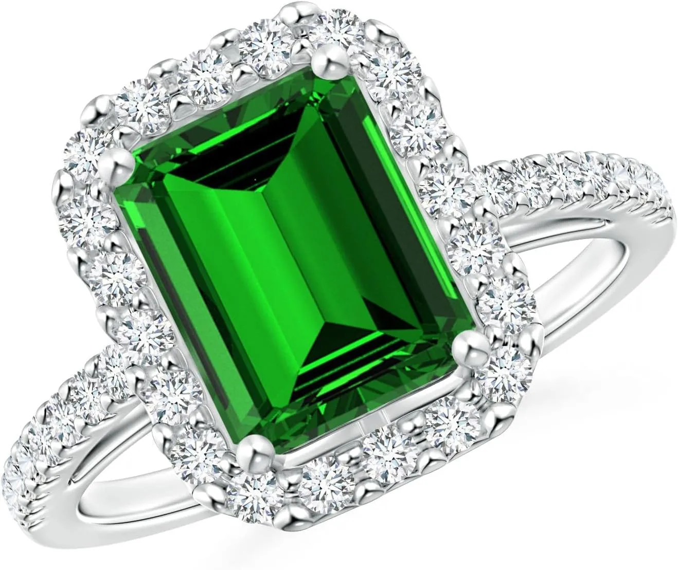 Angara Lab Grown Emerald-Cut Emerald Halo Ring in Silver / 14K Solid Gold/Platinum | May Birthstone, Birthday, Engagement, Anniversary, Wedding Jewelry Gift for Women