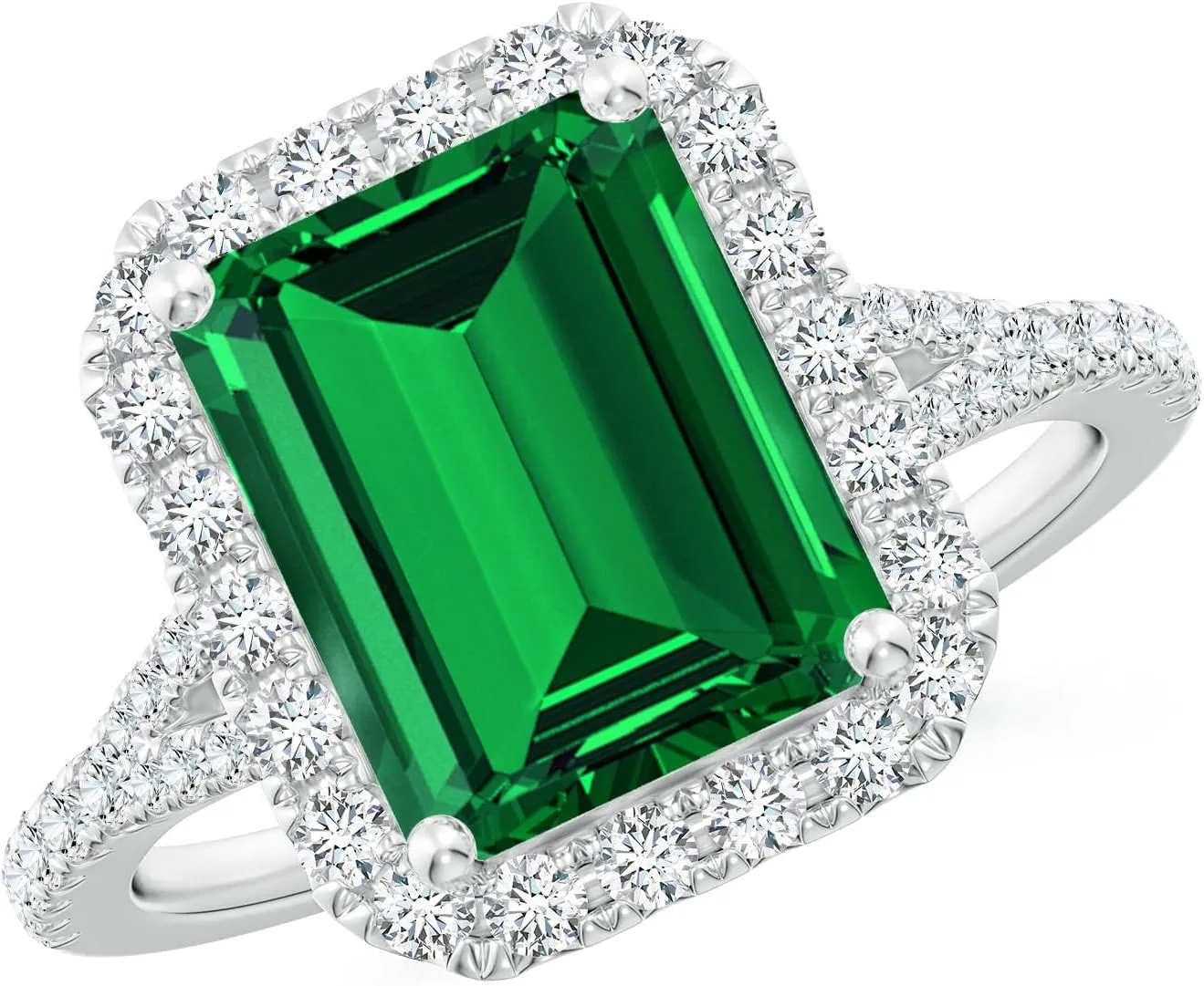 Angara Lab Grown Emerald-Cut Emerald Halo Split Shank Engagement Ring in 14K Solid Gold/Platinum | May Birthstone, Birthday, Anniversary, Wedding Jewelry Gift for Women