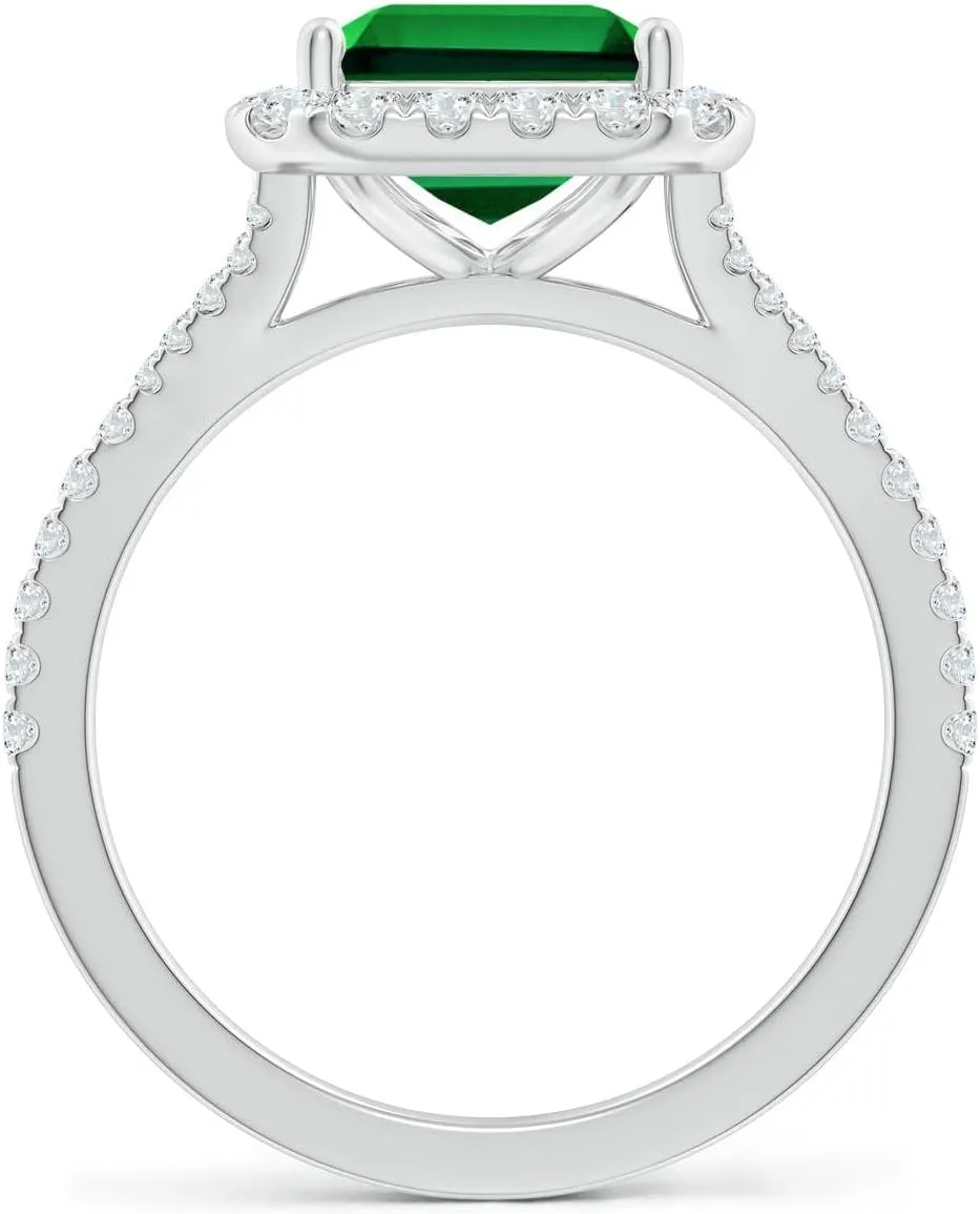 Angara Lab Grown Emerald-Cut Emerald Halo Split Shank Engagement Ring in 14K Solid Gold/Platinum | May Birthstone, Birthday, Anniversary, Wedding Jewelry Gift for Women