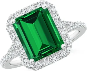 Angara Lab Grown Emerald-Cut Emerald Halo Split Shank Engagement Ring in 14K Solid Gold/Platinum | May Birthstone, Birthday, Anniversary, Wedding Jewelry Gift for Women