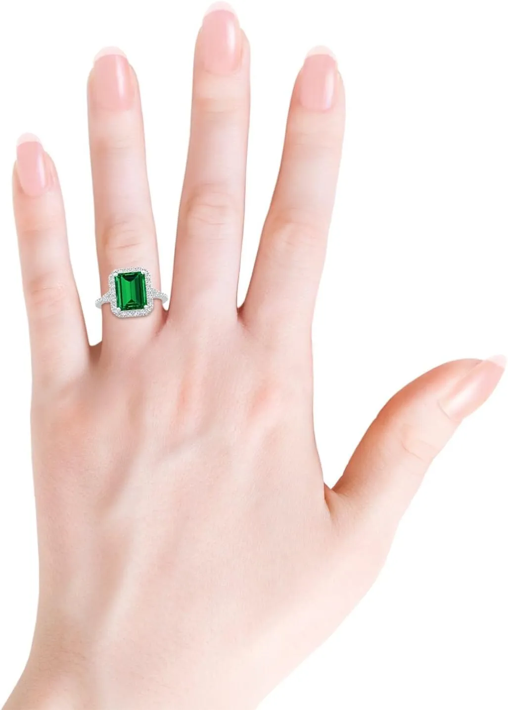 Angara Lab Grown Emerald-Cut Emerald Halo Split Shank Engagement Ring in 14K Solid Gold/Platinum | May Birthstone, Birthday, Anniversary, Wedding Jewelry Gift for Women