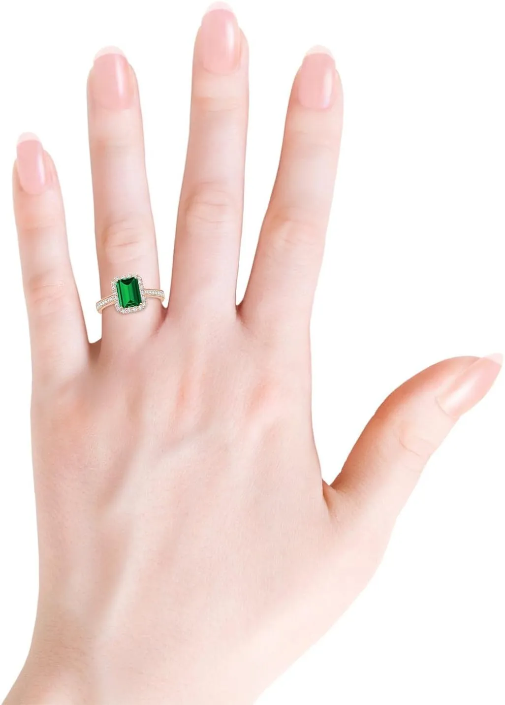 Angara Lab Grown Emerald-Cut Emerald Reverse Tapered Shank Halo Engagement Ring in 14K Solid Gold/Platinum | May Birthstone, Birthday, Anniversary, Wedding Jewelry Gift for Women