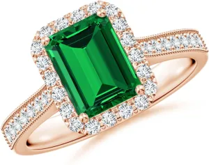 Angara Lab Grown Emerald-Cut Emerald Reverse Tapered Shank Halo Engagement Ring in 14K Solid Gold/Platinum | May Birthstone, Birthday, Anniversary, Wedding Jewelry Gift for Women