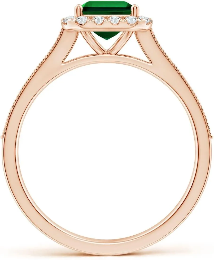 Angara Lab Grown Emerald-Cut Emerald Reverse Tapered Shank Halo Engagement Ring in 14K Solid Gold/Platinum | May Birthstone, Birthday, Anniversary, Wedding Jewelry Gift for Women