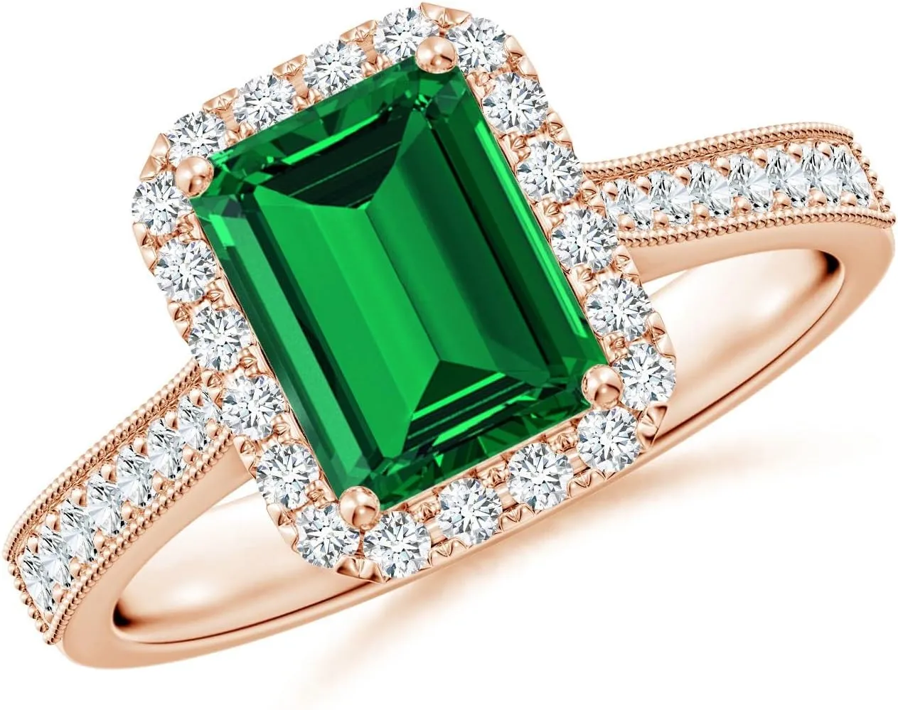 Angara Lab Grown Emerald-Cut Emerald Reverse Tapered Shank Halo Engagement Ring in 14K Solid Gold/Platinum | May Birthstone, Birthday, Anniversary, Wedding Jewelry Gift for Women