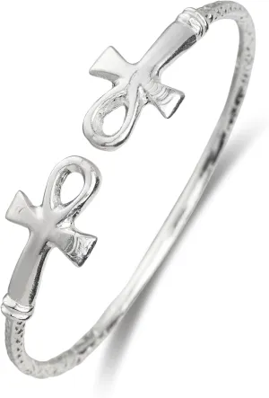 Ankh Cross Ends West Indian .925 Solid Sterling Silver Bangle Bracelet for women, men