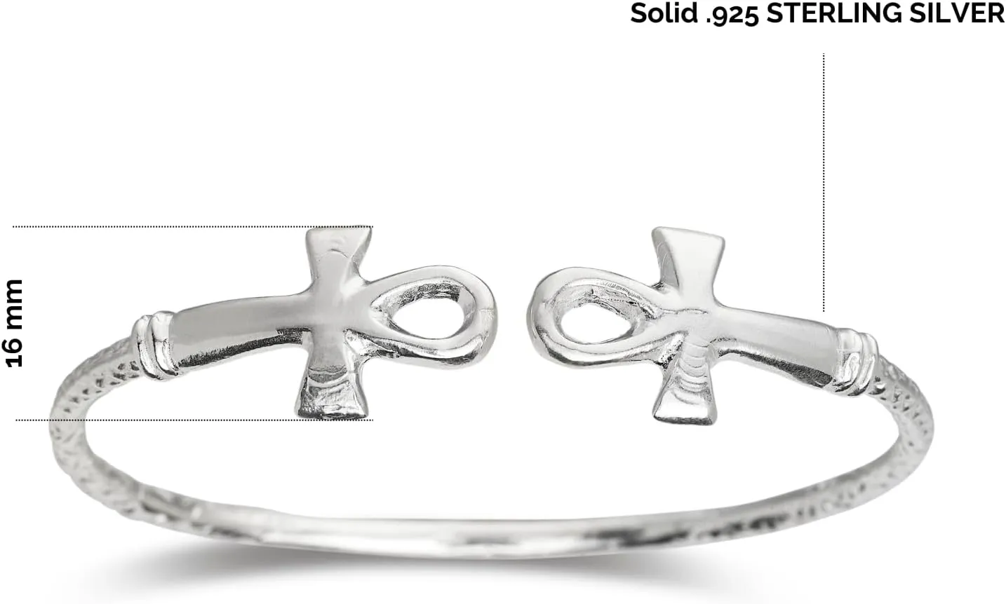 Ankh Cross Ends West Indian .925 Solid Sterling Silver Bangle Bracelet for women, men