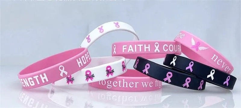 Breast Cancer Awareness Silicone Bracelets Pink Ribbon Rubber Bracelet Wristbands Hope Faith Strength Courage Cancer Survive Comfort Recovery Encouragement Gifts Party Supplies