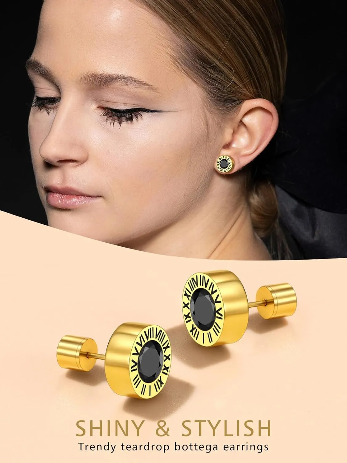 Findchic Stainless Steel Roman Numerals Round Studs Earrings for Men Women with 12 Birthstone Gold/Silver Color Chunky Round Screw Back Finding, with Gift Box