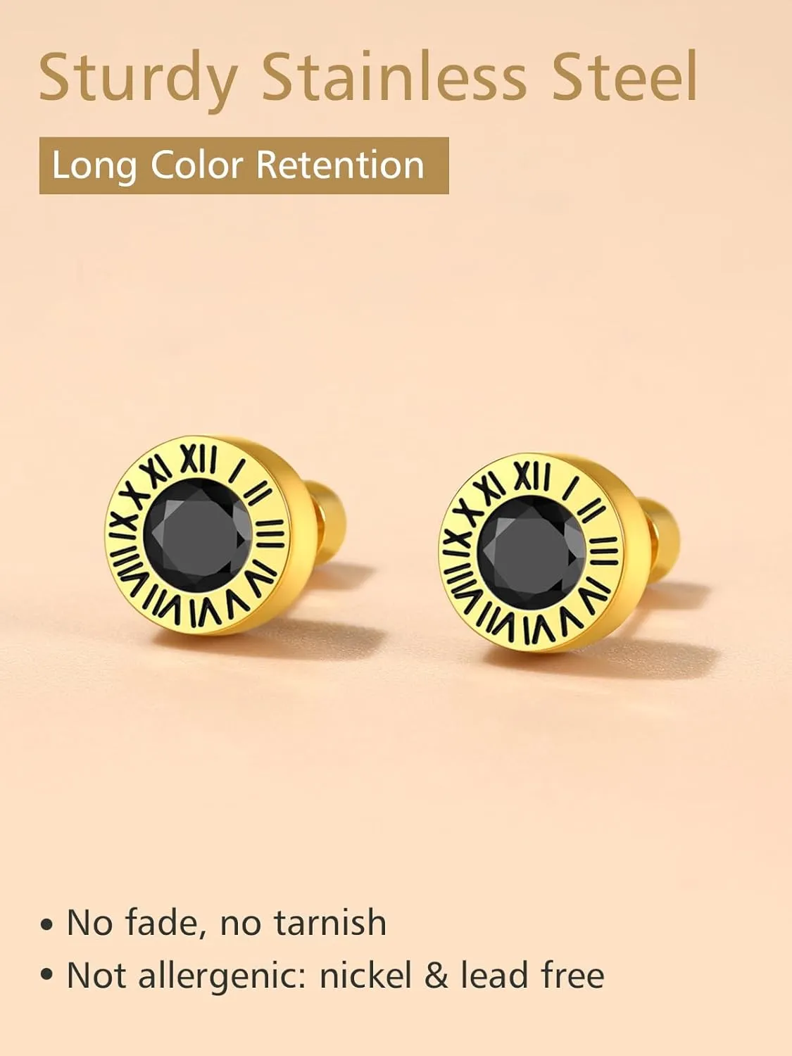 Findchic Stainless Steel Roman Numerals Round Studs Earrings for Men Women with 12 Birthstone Gold/Silver Color Chunky Round Screw Back Finding, with Gift Box