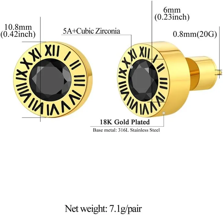 Findchic Stainless Steel Roman Numerals Round Studs Earrings for Men Women with 12 Birthstone Gold/Silver Color Chunky Round Screw Back Finding, with Gift Box