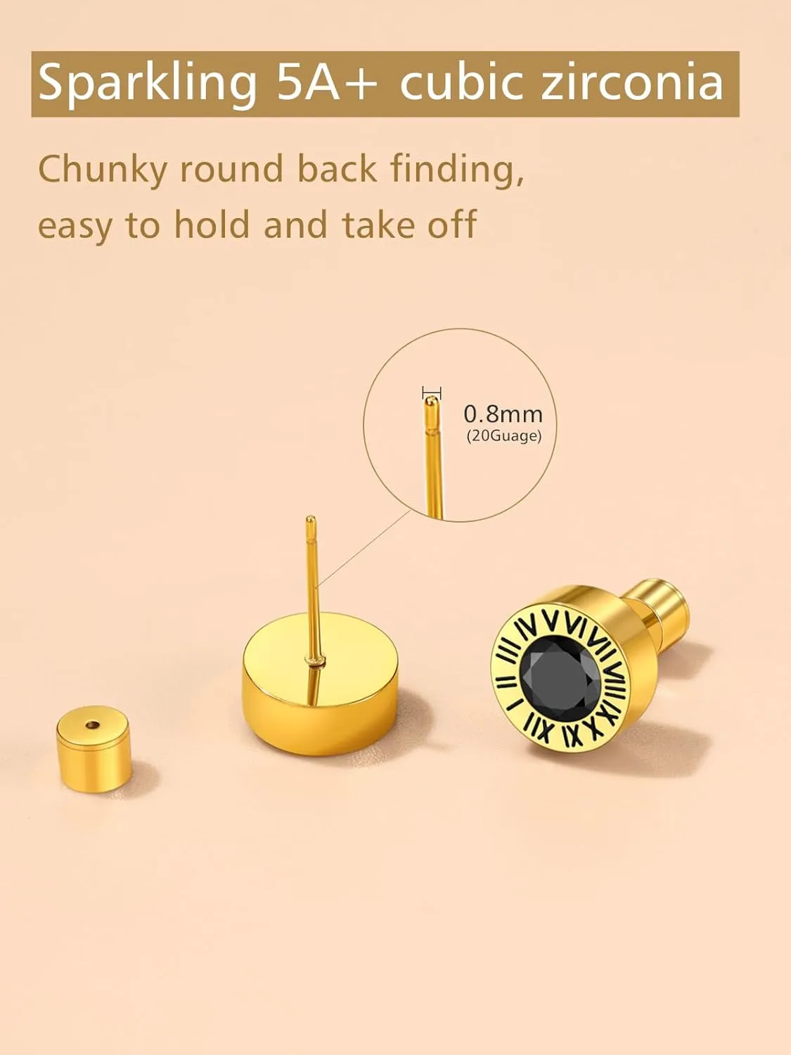 Findchic Stainless Steel Roman Numerals Round Studs Earrings for Men Women with 12 Birthstone Gold/Silver Color Chunky Round Screw Back Finding, with Gift Box