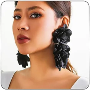 Flower Earrings for Women,Exaggerated Satin Large Flower Long Tassel Drop Earrings Fluffy Fabric Flower Earrings Bohemian Floral Statement Earrings Fashion Romantic Party Wedding Earrings JewelryBlack