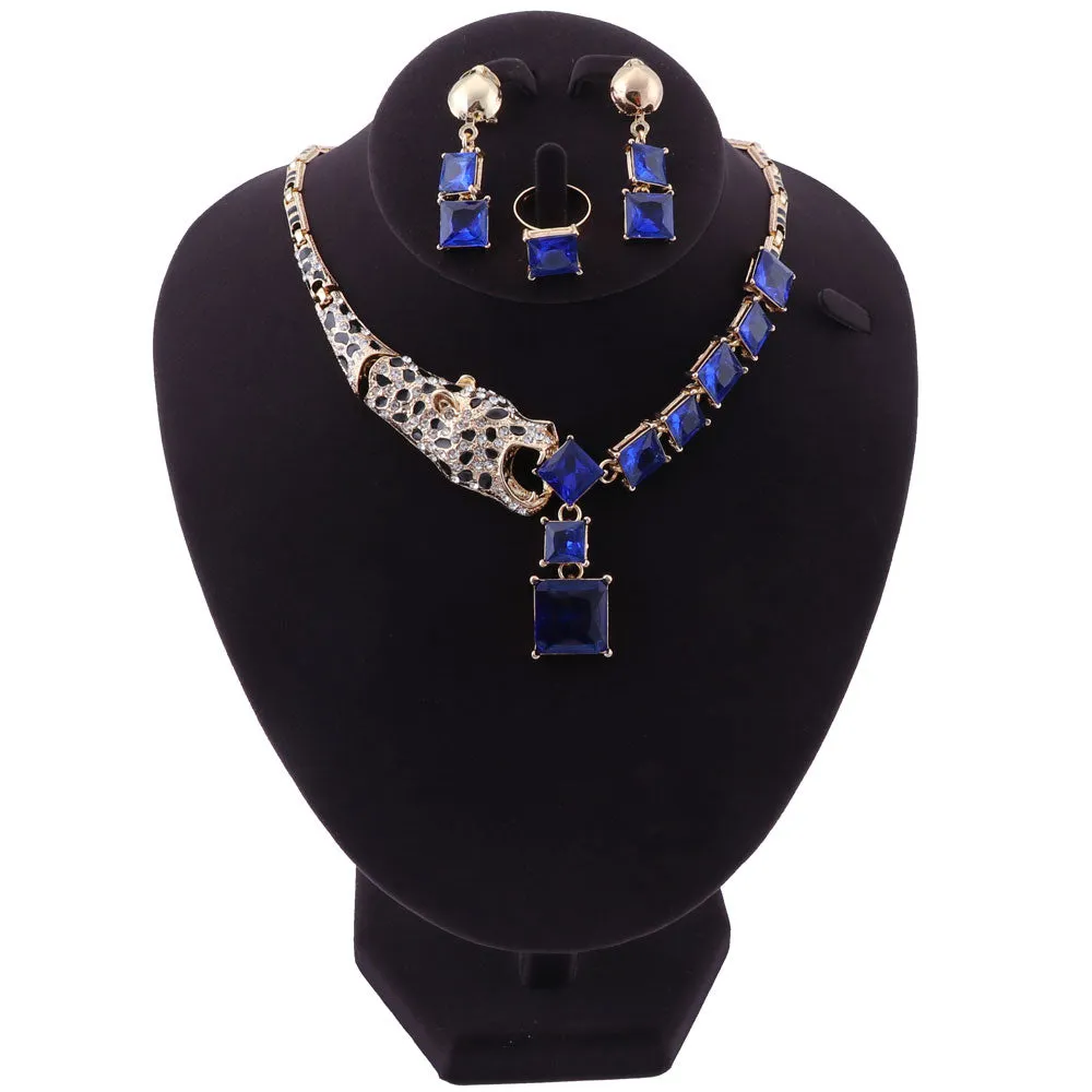 Gold Color Leopard Blue Crystal Necklace, Earrings & Ring Wedding Statement Jewelry Set