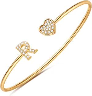 Gold Initial Bracelets for Women Girls, 14K Gold Plated Gold Bangle Bracelets for Women Girls Dainty Gold Initial Bracelets Heart Bracelets for Women Girls Bridesmaids Bracelets Gifts
