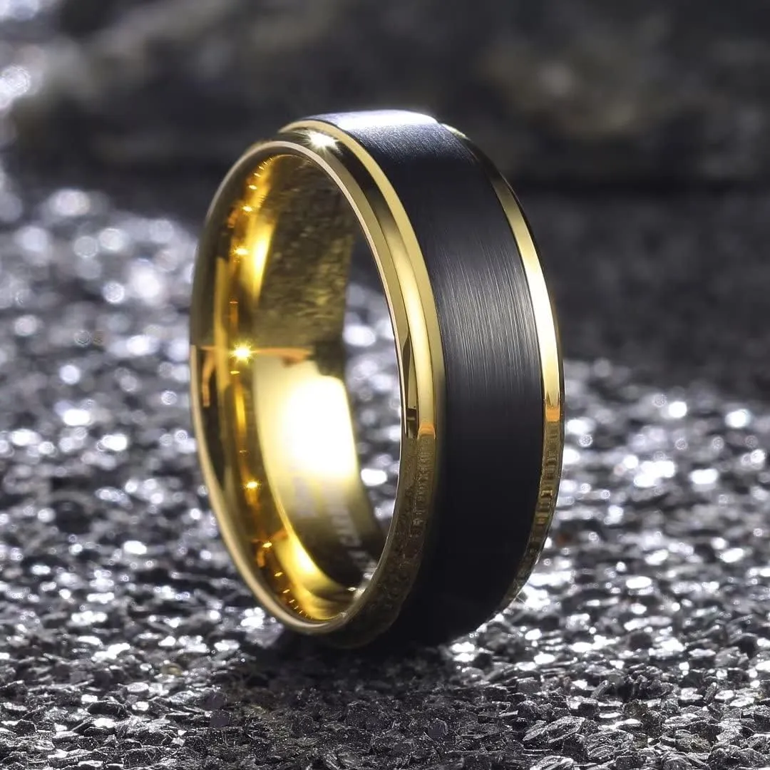 King Will Mens Wedding Band Two Tone Matte Step Edges/Pipe Cut Tungsten Carbide Wedding Ring Set Anniversary Promise Rings Comfort Fit