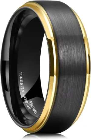 King Will Mens Wedding Band Two Tone Matte Step Edges/Pipe Cut Tungsten Carbide Wedding Ring Set Anniversary Promise Rings Comfort Fit