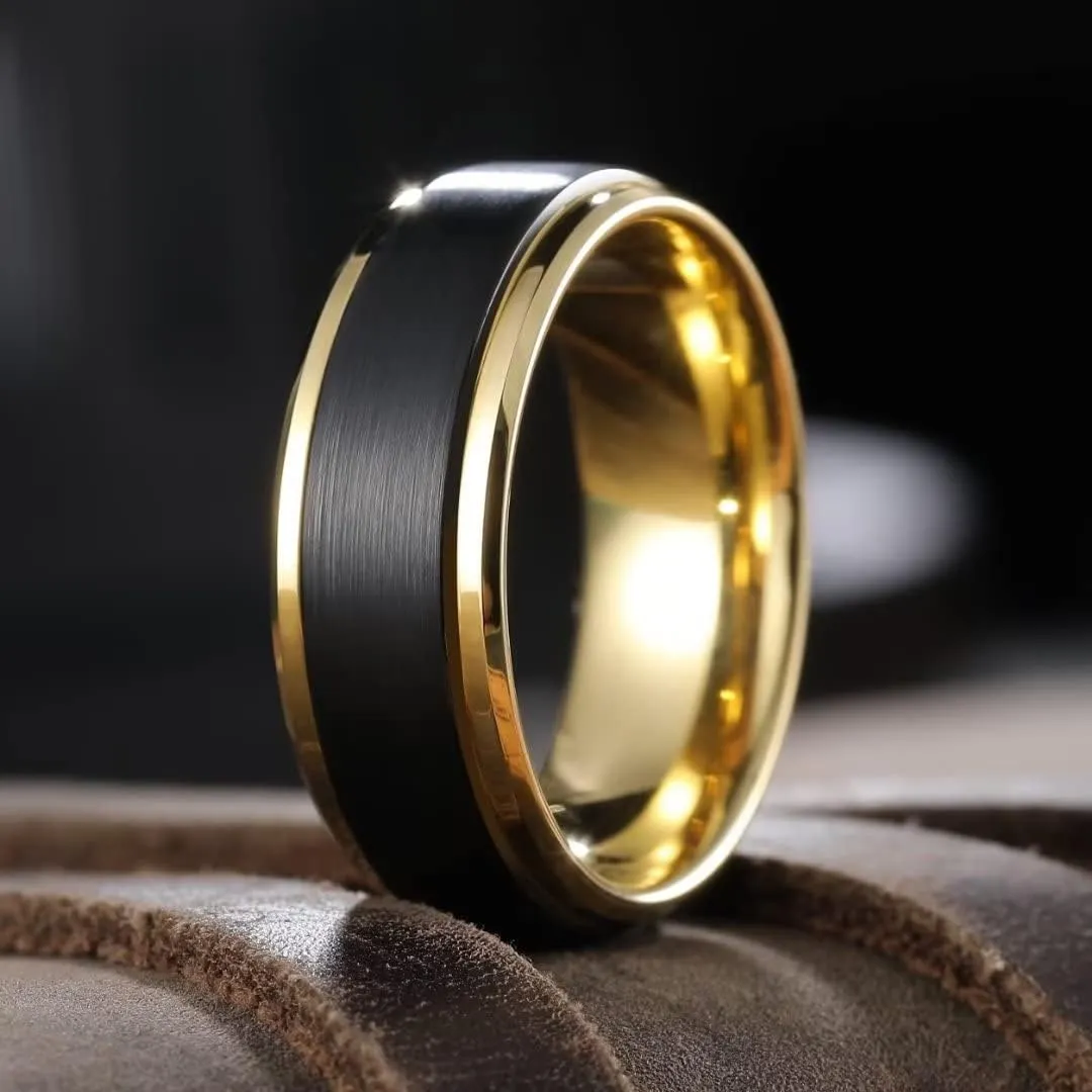 King Will Mens Wedding Band Two Tone Matte Step Edges/Pipe Cut Tungsten Carbide Wedding Ring Set Anniversary Promise Rings Comfort Fit