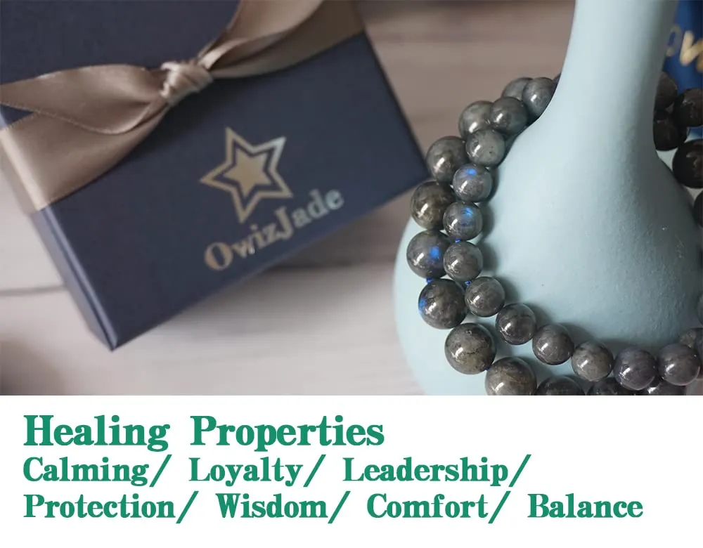 Labradorite Bracelets 2 Packs for Couple, 8MM & 10MM, Throat Chakra Crystal Bracelet for FATIGUE &, Come with Jewelery Box & Velvet Pouch & Beading Kit, for Unisex 6-8" Wrist