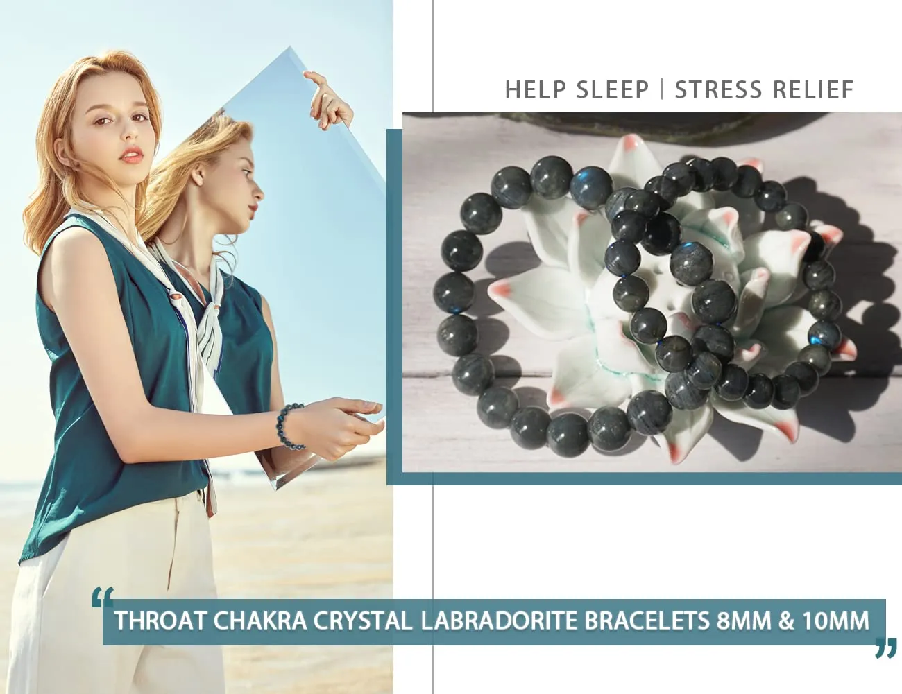 Labradorite Bracelets 2 Packs for Couple, 8MM & 10MM, Throat Chakra Crystal Bracelet for FATIGUE &, Come with Jewelery Box & Velvet Pouch & Beading Kit, for Unisex 6-8" Wrist