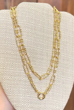 Layered Paper Clip Chain Link Necklace With Hinged Clip Clasp, Gold