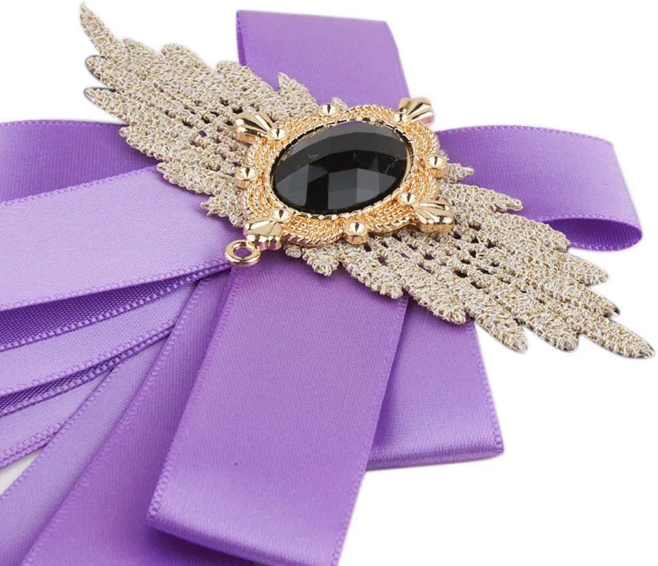 Men & Women Ribbon Bow Tie Fashion Rhinestone Ribbon Solid Color Brooch Pin Bowtie for Wedding Party