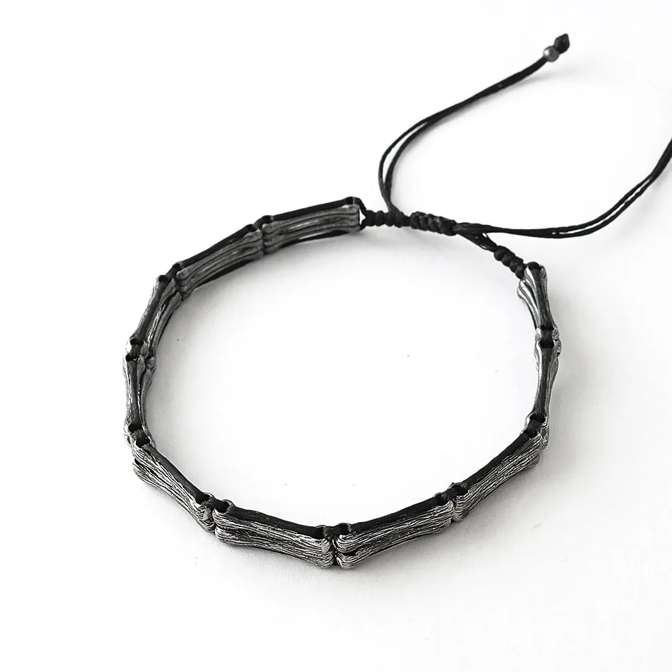 Men's Handmade Strand Bracelet Silver Bones & Black Thread