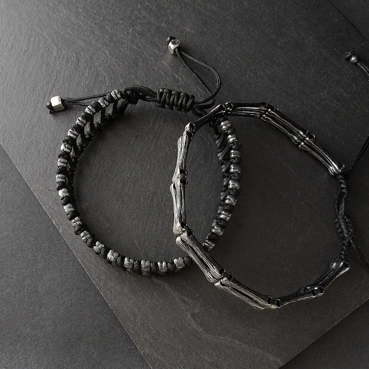 Men's Handmade Strand Bracelet Silver Bones & Black Thread