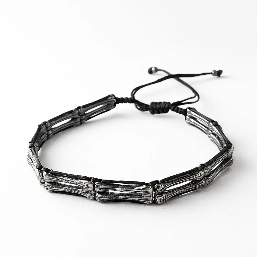Men's Handmade Strand Bracelet Silver Bones & Black Thread
