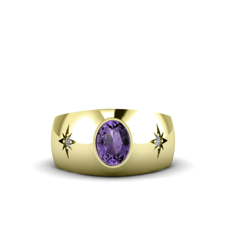 Men's Thick Band Ring in 18K Solid Gold with Diamonds Amethyst Gemstone Wedding Jewelry