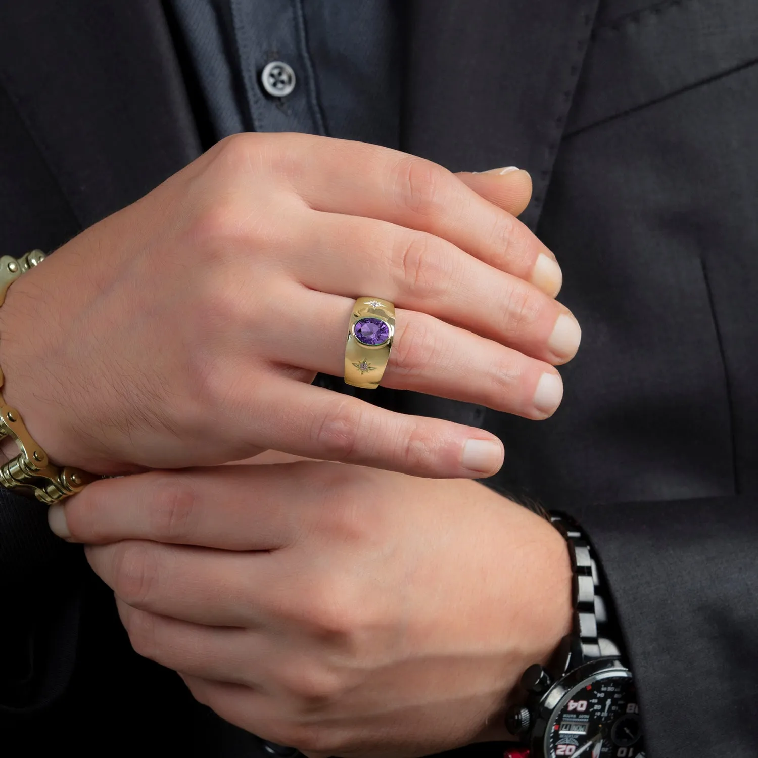 Men's Thick Band Ring in 18K Solid Gold with Diamonds Amethyst Gemstone Wedding Jewelry