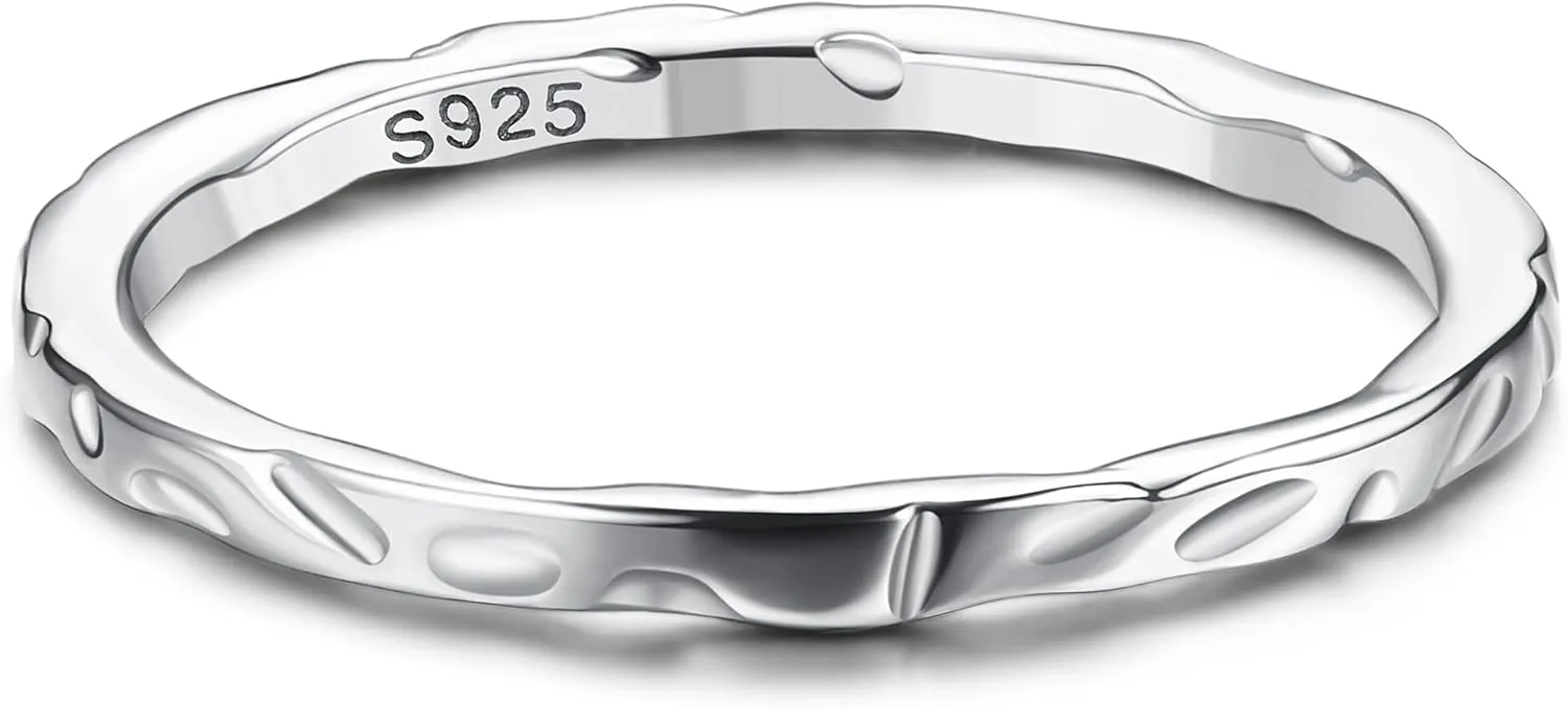 MILACOLATO S925 Sterling Silver Ring for Women Men 18K White Gold Plated Thin Plain Stackable Statement Thumb Rings High Polished Hammered Band Rings Comfort Fit Size 6 to 11, 1.5mm