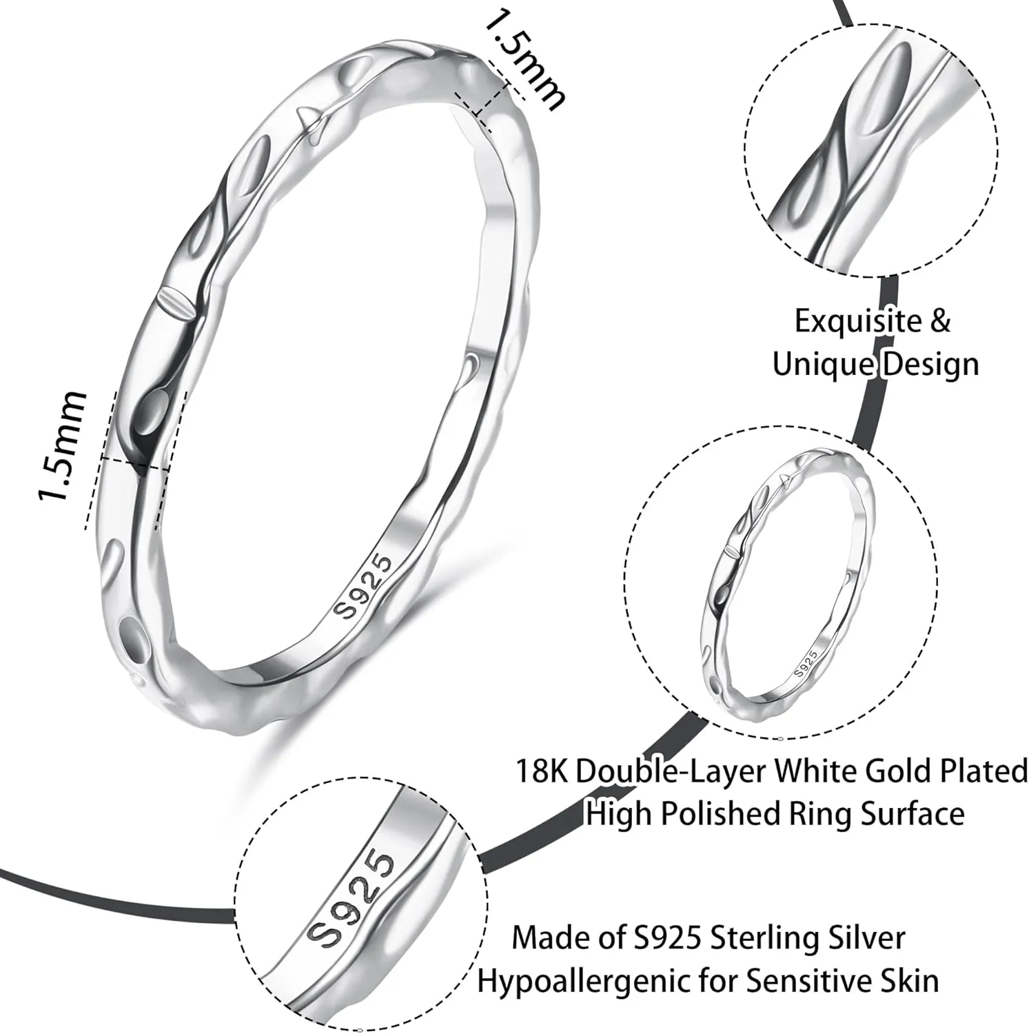 MILACOLATO S925 Sterling Silver Ring for Women Men 18K White Gold Plated Thin Plain Stackable Statement Thumb Rings High Polished Hammered Band Rings Comfort Fit Size 6 to 11, 1.5mm