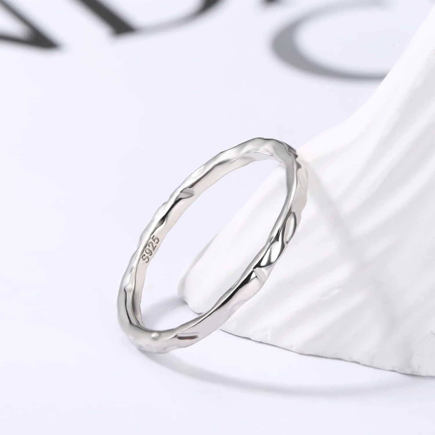 MILACOLATO S925 Sterling Silver Ring for Women Men 18K White Gold Plated Thin Plain Stackable Statement Thumb Rings High Polished Hammered Band Rings Comfort Fit Size 6 to 11, 1.5mm