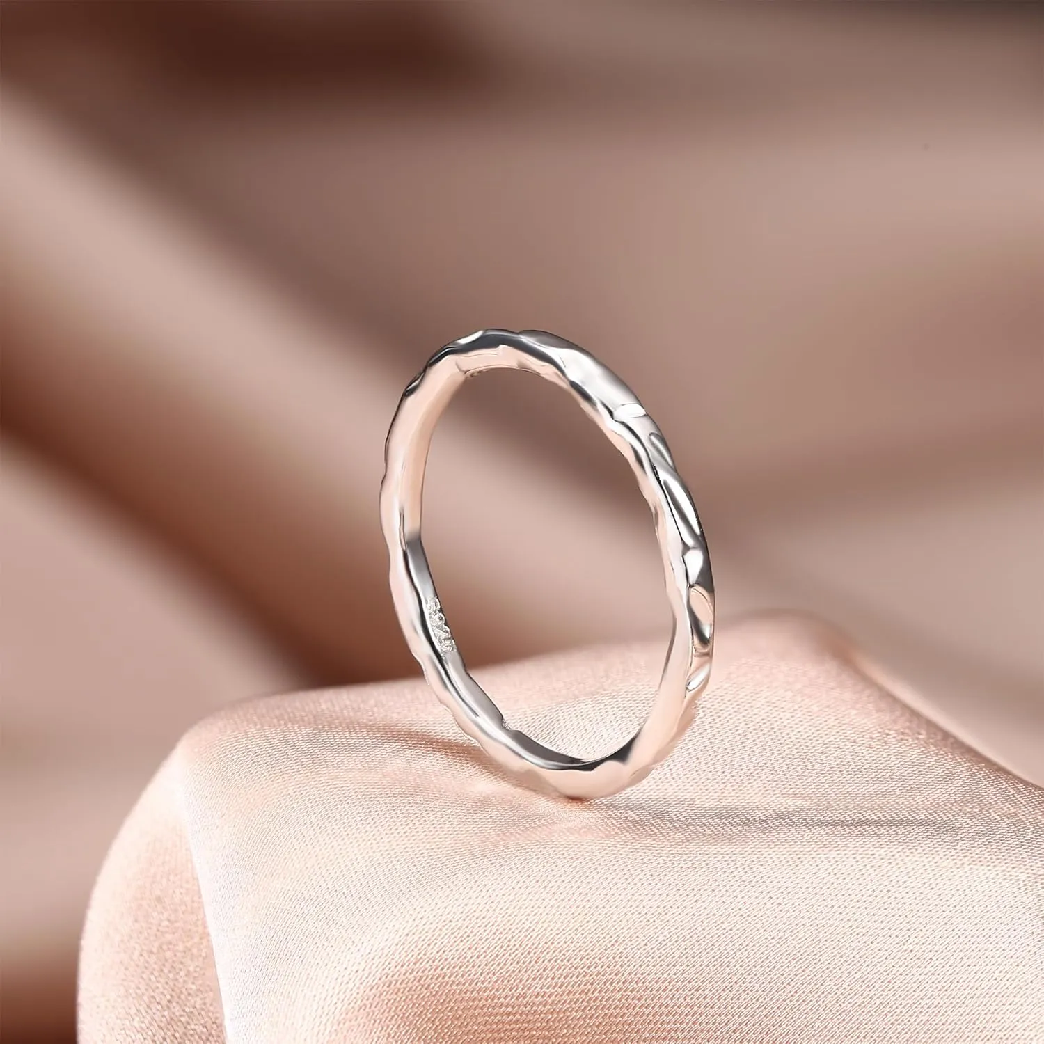MILACOLATO S925 Sterling Silver Ring for Women Men 18K White Gold Plated Thin Plain Stackable Statement Thumb Rings High Polished Hammered Band Rings Comfort Fit Size 6 to 11, 1.5mm