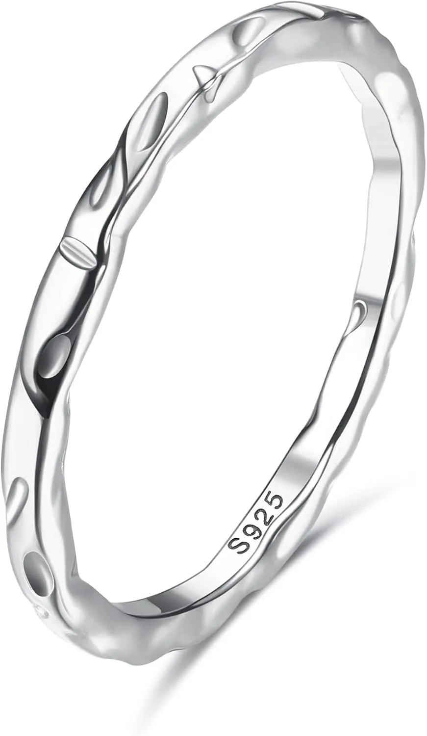 MILACOLATO S925 Sterling Silver Ring for Women Men 18K White Gold Plated Thin Plain Stackable Statement Thumb Rings High Polished Hammered Band Rings Comfort Fit Size 6 to 11, 1.5mm