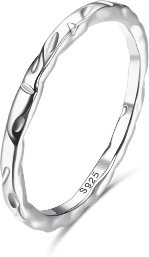 MILACOLATO S925 Sterling Silver Ring for Women Men 18K White Gold Plated Thin Plain Stackable Statement Thumb Rings High Polished Hammered Band Rings Comfort Fit Size 6 to 11, 1.5mm