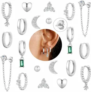 PLOMFOV 14K Gold Silver Hoop Studs Earrings Set for Women Dainty Dangle Hoop Gold Earrings Set for Multiple Piercing