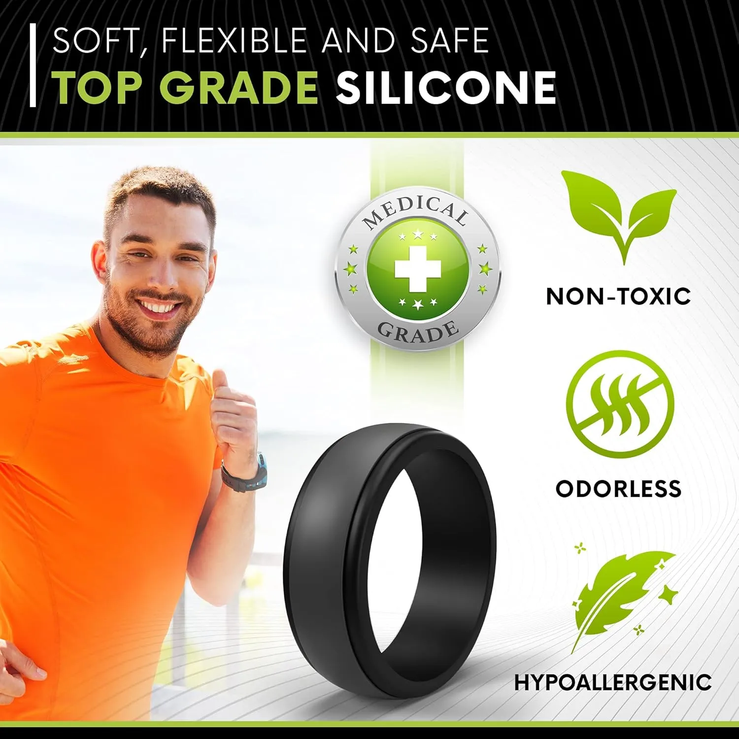 POPCHOSE Mens Silicone Wedding Rings, Silicone Rings Mens Silicone Rubber Wedding Bands for Men Size 7 8 9 10 11 12 13, 1 Pack